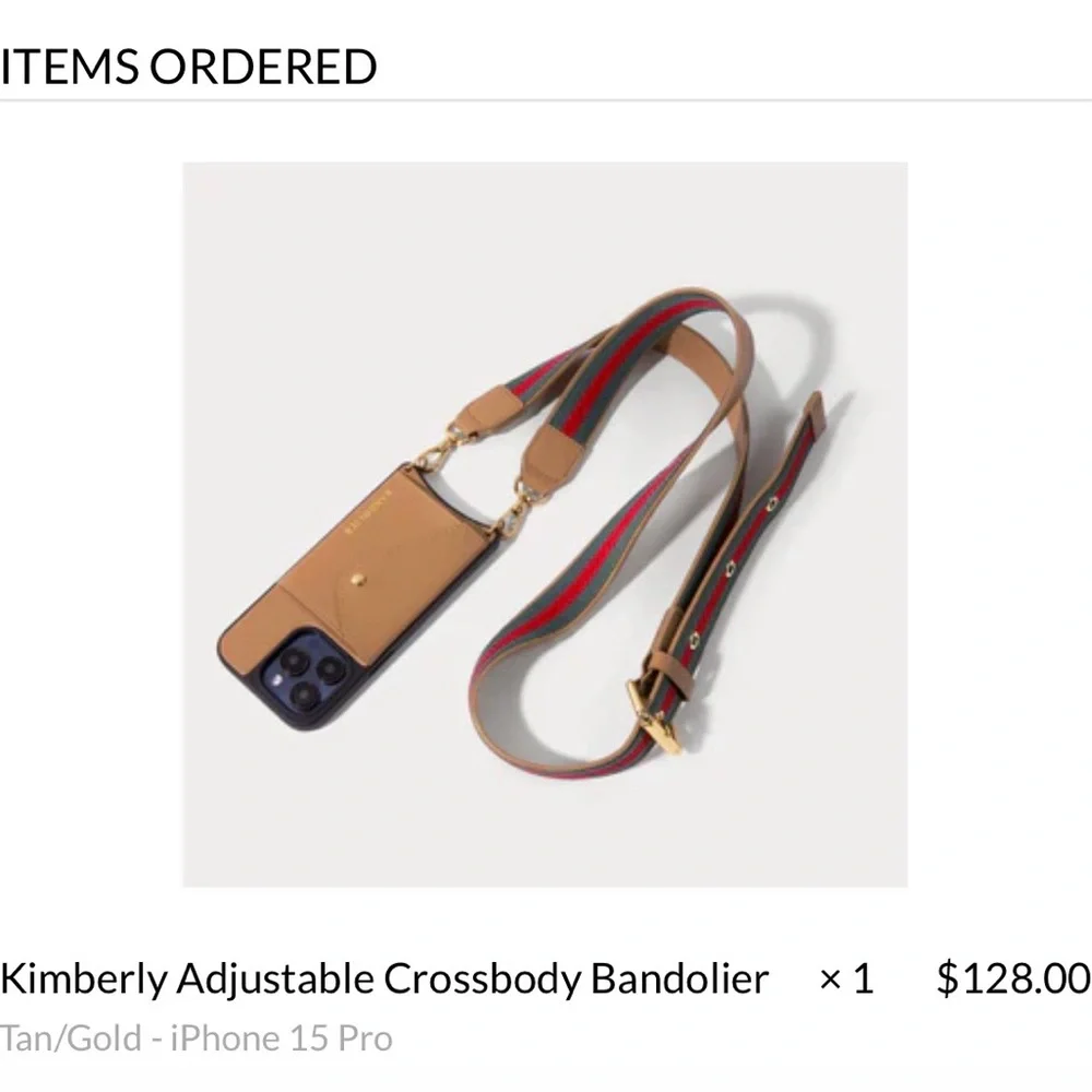 Bandolier Kimberly Crossbody Phone Case Tan with Red & Green Stripe Strap